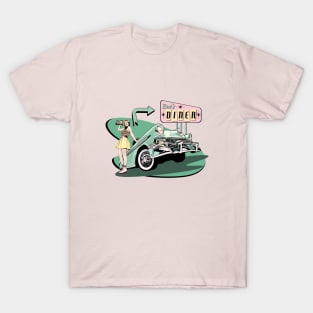 50's Diner with Roller Skating Waitress - Pink/green version T-Shirt